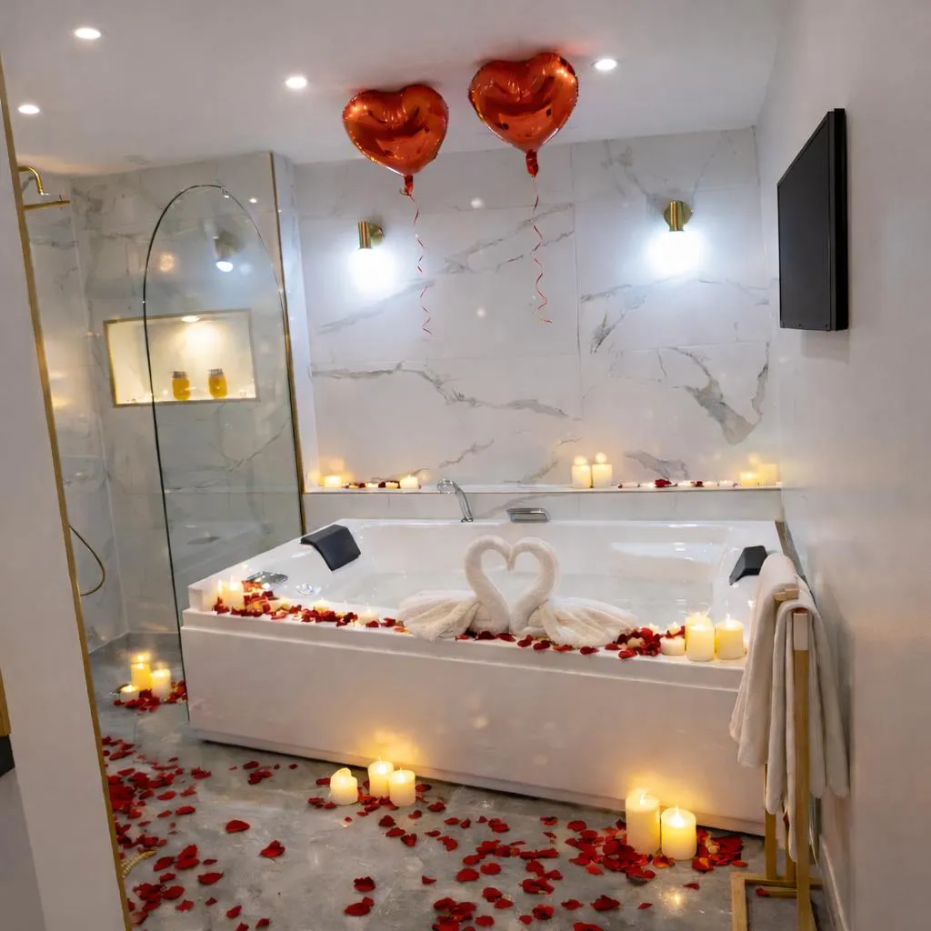 Jacuzzi aux bougies et pétales, soirée de Saint-Valentin